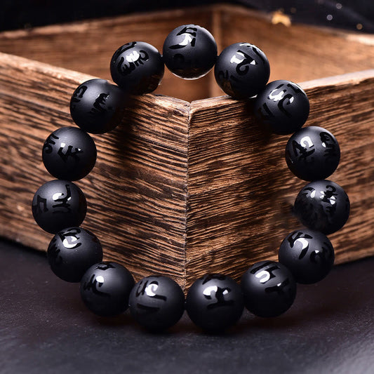 Buddha Stones Natürlicher schwarzer Onyx Om Mani Padme Hum geschnitztes Schutzarmband 
