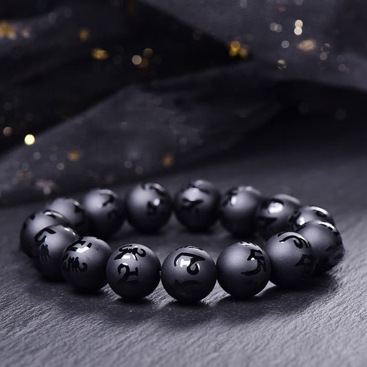 Buddha Stones Natürlicher schwarzer Onyx Om Mani Padme Hum geschnitztes Schutzarmband 