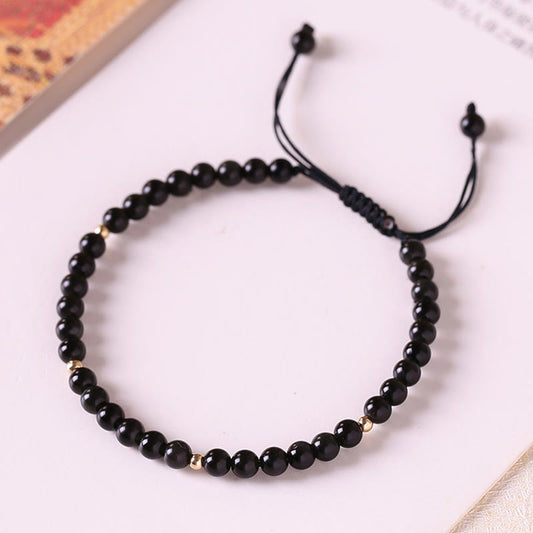 Buddha Stones Kleines schwarzes Obsidianperlen-Erfüllungsseil-Armband 