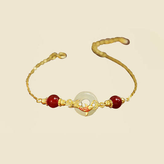 Buddha Stones Armband mit natürlicher Hetian-Jade, 925er Sterlingsilber, vergoldet, rote Achatperlen, Koi-Fisch, Peace-Schnalle, Glücksarmband 