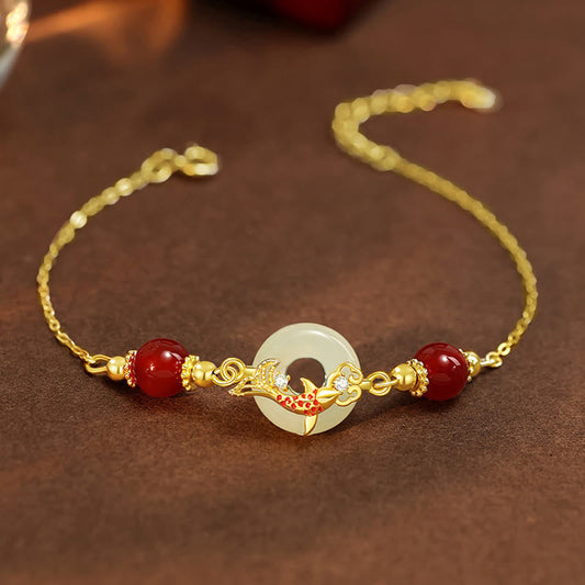 Buddha Stones Armband mit natürlicher Hetian-Jade, 925er Sterlingsilber, vergoldet, rote Achatperlen, Koi-Fisch, Peace-Schnalle, Glücksarmband 