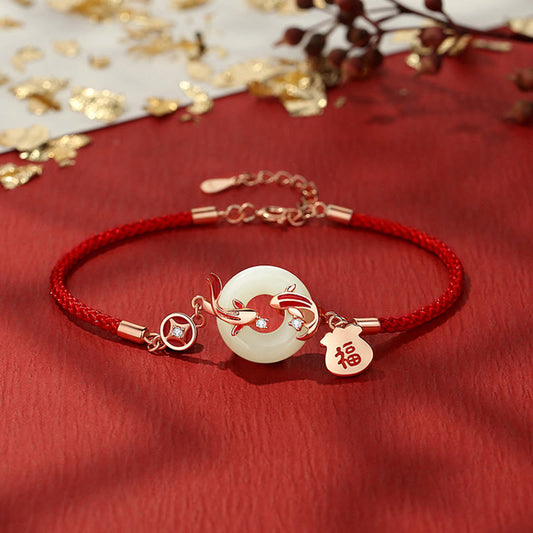 Buddha Stones Natürliche Hetian Jade Rote Schnur 925 Sterling Silber Vergoldet Koi Fisch Glücksbringer Fu Charakter Peace Schnalle Glücksarmband 
