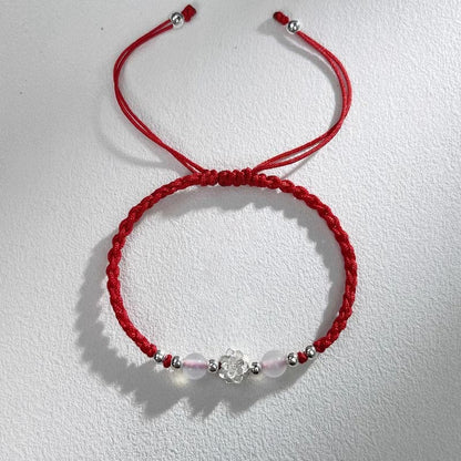 Buddha Stones 999 Sterling Silver Lotus Design Cat's Eye Bead Protection String Bracelet