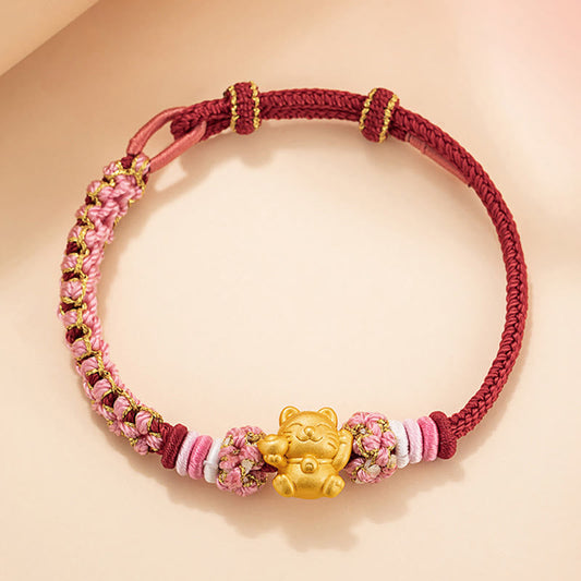 Buddha Stones Handmade 999 Sterling Silver Fortune Cat Ingot Peach Blossom Luck Red Rope Bracelet