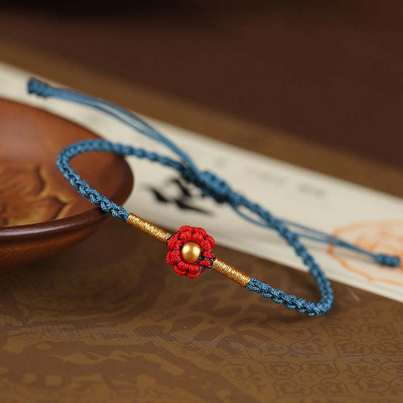 Buddha Stones 999 Gold Mini Bead Handmade Flower Design Luck Protection Rope Bracelet - Touch Bling