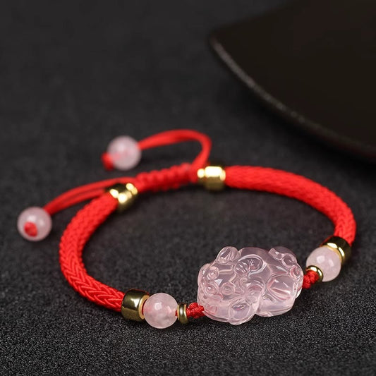 Buddha Stones PiXiu Rosa Kristall Reichtum String geflochtenes Armband 