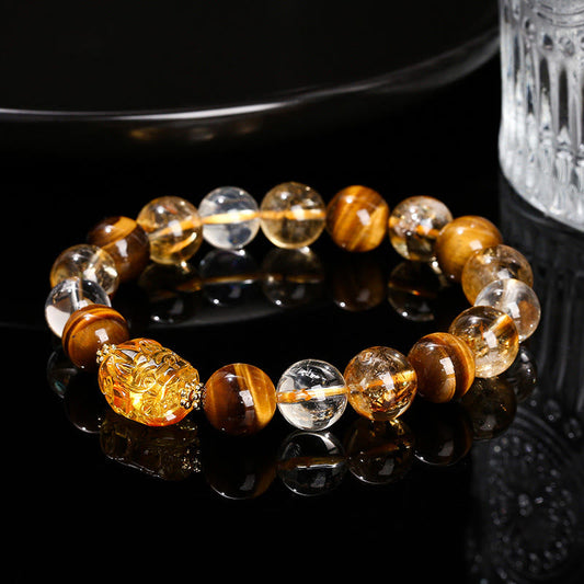 Buddha Stones Natürliches gelbes Tigerauge Citrin Bienenwachs Pixiu Stärke Armband 