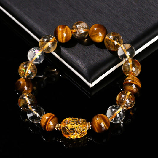 Buddha Stones Natürliches gelbes Tigerauge Citrin Bienenwachs Pixiu Stärke Armband 