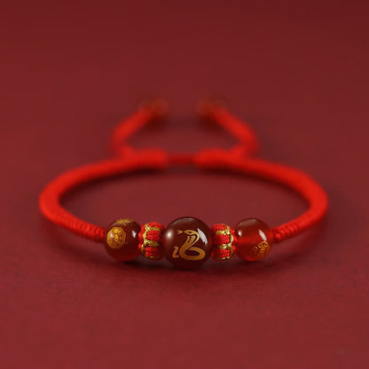 Buddha Stones Handgefertigtes rotes Achat-Schutzarmband mit chinesischem Sternzeichen und roter Schnur, geflochten