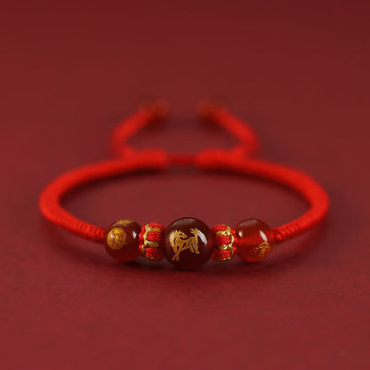 Buddha Stones Handgefertigtes rotes Achat-Schutzarmband mit chinesischem Sternzeichen und roter Schnur, geflochten