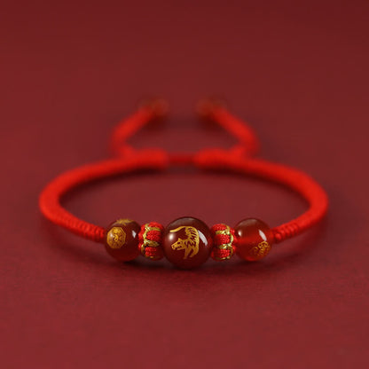 Buddha Stones Handgefertigtes rotes Achat-Schutzarmband mit chinesischem Sternzeichen und roter Schnur, geflochten