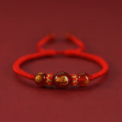 Buddha Stones Handgefertigtes rotes Achat-Schutzarmband mit chinesischem Sternzeichen und roter Schnur, geflochten