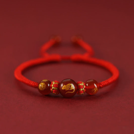 Buddha Stones Handgefertigtes rotes Achat-Schutzarmband mit chinesischem Sternzeichen und roter Schnur, geflochten