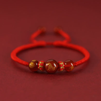Buddha Stones Handgefertigtes rotes Achat-Schutzarmband mit chinesischem Sternzeichen und roter Schnur, geflochten