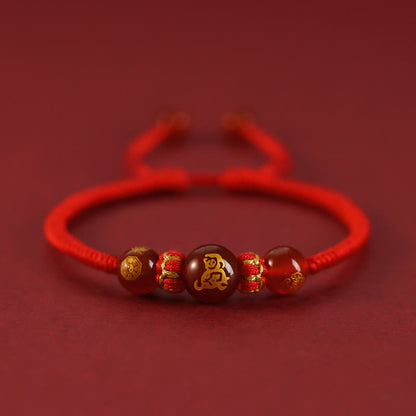 Buddha Stones Handgefertigtes rotes Achat-Schutzarmband mit chinesischem Sternzeichen und roter Schnur, geflochten