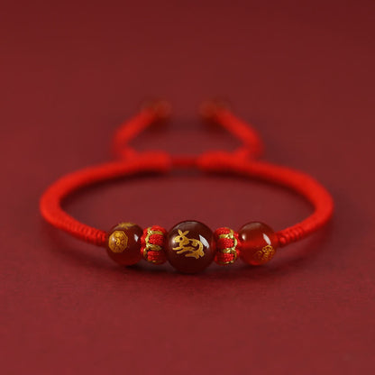 Buddha Stones Handgefertigtes rotes Achat-Schutzarmband mit chinesischem Sternzeichen und roter Schnur, geflochten