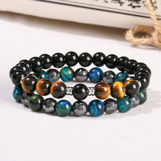 Buddha Stones 2er-Set mit Hämatit-Tigerauge, blauem Tigerauge, kraftvollem Armband 