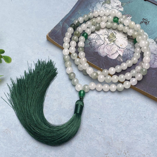 Pulsera de la suerte con borlas de jade Tianshan natural y 108 cuentas de mala de Buda 