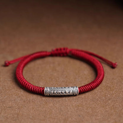 Buddha Stones Handmade 999 Sterling Silver Peace and Good Fortune Om Mani Padme Hum Luck Rope Bracelet