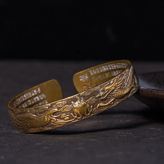 Buddha-Steine, Drache und Phönix spielen mit einer Perle, Herz-Sutra, geschnitztes Kupfer-Messing-Armband, Glücksarmband