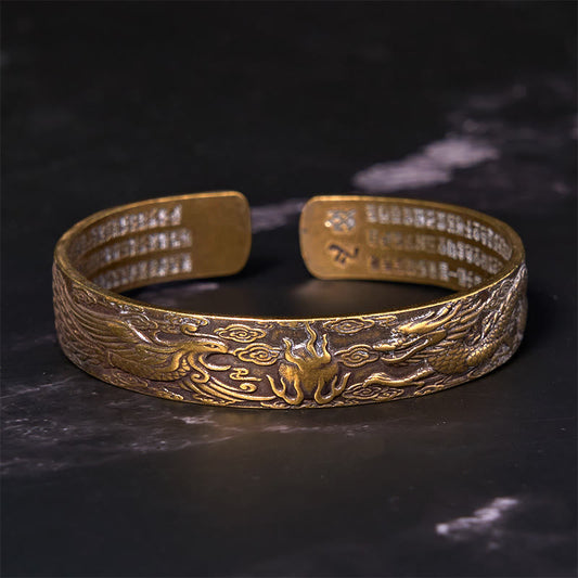 Buddha-Steine, Drache und Phönix spielen mit einer Perle, Herz-Sutra, geschnitztes Kupfer-Messing-Armband, Glücksarmband