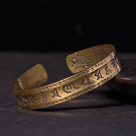 Buddha-Steine ​​Sechs wahre Worte 'om Mani Padme Hum' Herz Sutra Lotus Kupfer Messing Peace Manschette Armband Armreif 