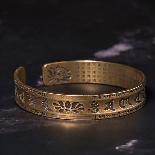 Buddha-Steine ​​Sechs wahre Worte 'om Mani Padme Hum' Herz Sutra Lotus Kupfer Messing Peace Manschette Armband Armreif 