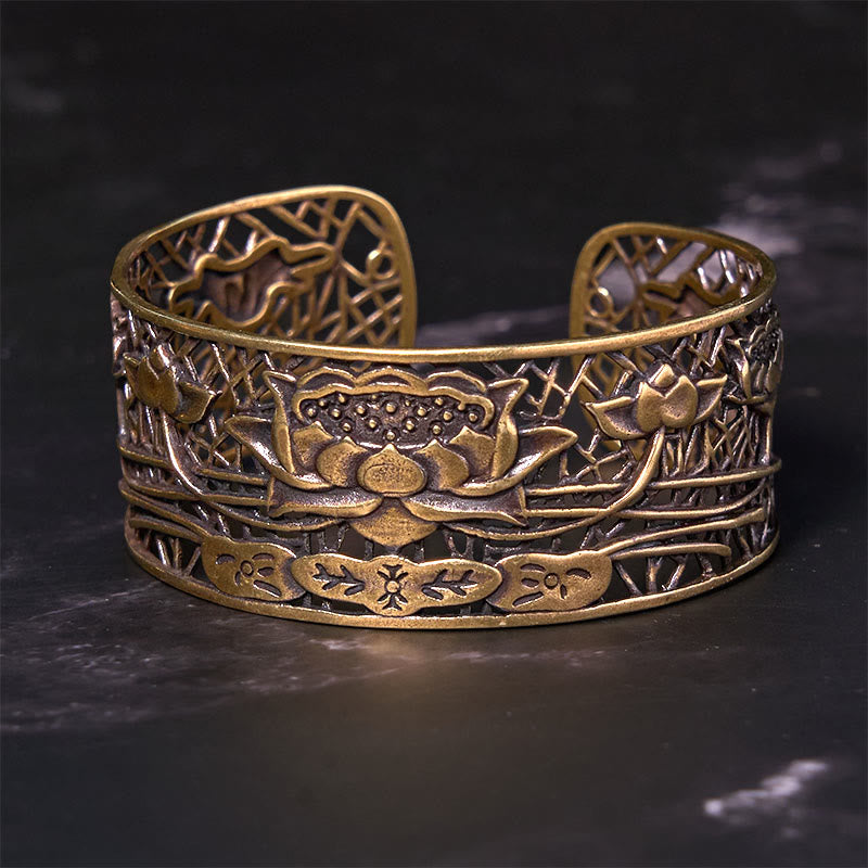 Pulsera de cobre bañada en plata con piedras de Buda, loto hueco, curación e iluminación.