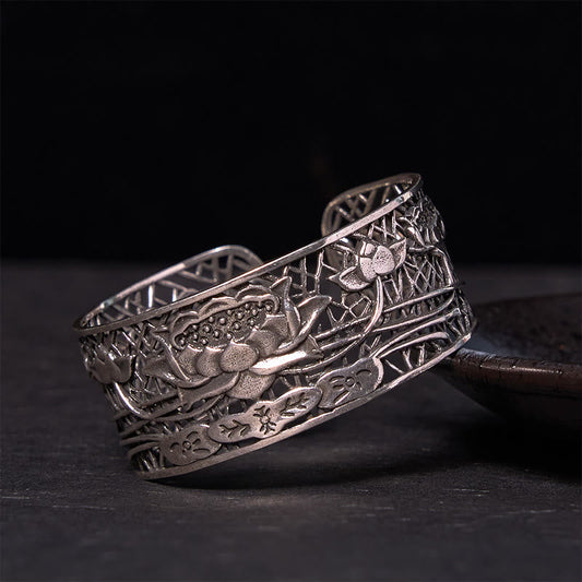 Buddha Stones Hohl Lotus Versilbertes Kupfer Heilung Erleuchtung Armband Armreif
