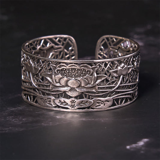 Buddha Stones Hohl Lotus Versilbertes Kupfer Heilung Erleuchtung Armband Armreif