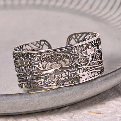 Pulsera de cobre bañada en plata con piedras de Buda, loto hueco, curación e iluminación.