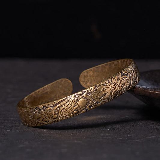 Buddha-Steine, Drache und Phönix spielen mit einer Perle, geschnitztes Kupfer-Messing-Armband, Glücksschutz