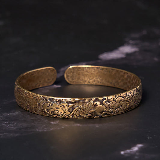 Buddha-Steine, Drache und Phönix spielen mit einer Perle, geschnitztes Kupfer-Messing-Armband, Glücksschutz