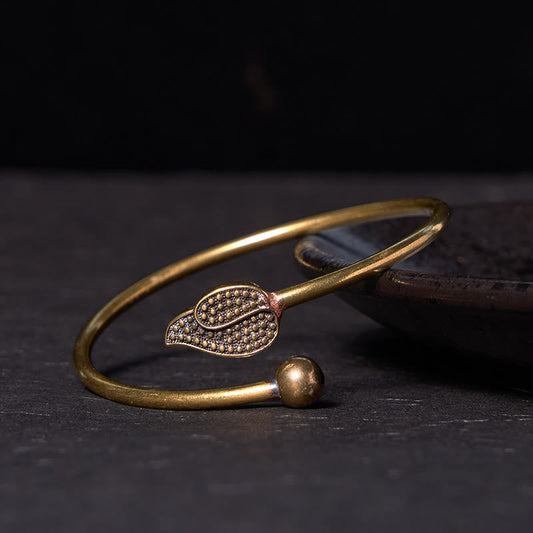 Buddha Steine ​​Blatt Perle Kupfer Messing Glück Reichtum Manschette Armband Armreif
