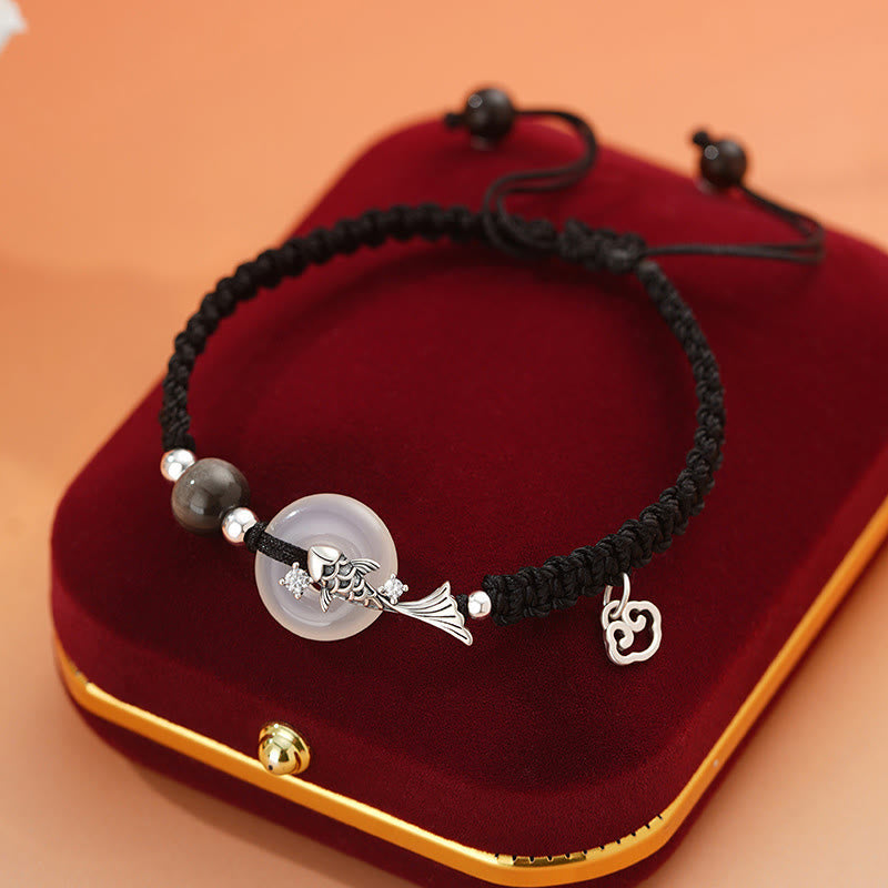 Buddha Stones Handmade Chalcedony Peace Buckle Koi Fish 925 Sterling Silver Braided String Positive Couple's Bracelet - Touch Bling