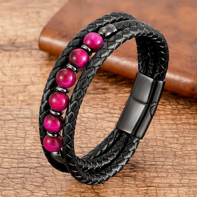Buddha Stones Tiger Eye Lava Rock Hematite Black Onyx Bead Positive Leather Bracelet - Touch Bling