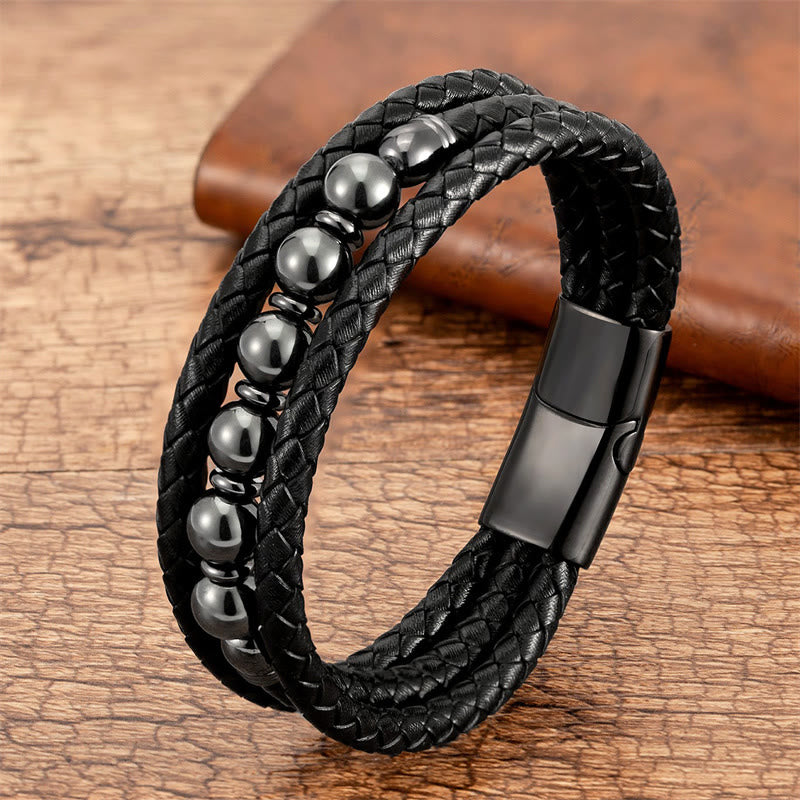 Buddha Stones Tiger Eye Lava Rock Hematite Black Onyx Bead Positive Leather Bracelet - Touch Bling