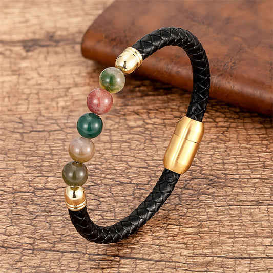 Pulsera de cuero con cuentas de Buda, ágata azul, ojo de tigre, roca de lava, ónix negro y lazurita.