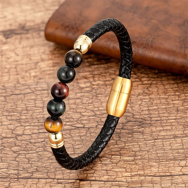 Buddha Stones Blue Agate Tiger Eye Lava Rock Black Onyx Lazurite Bead Protection Leather Bracelet - Touch Bling