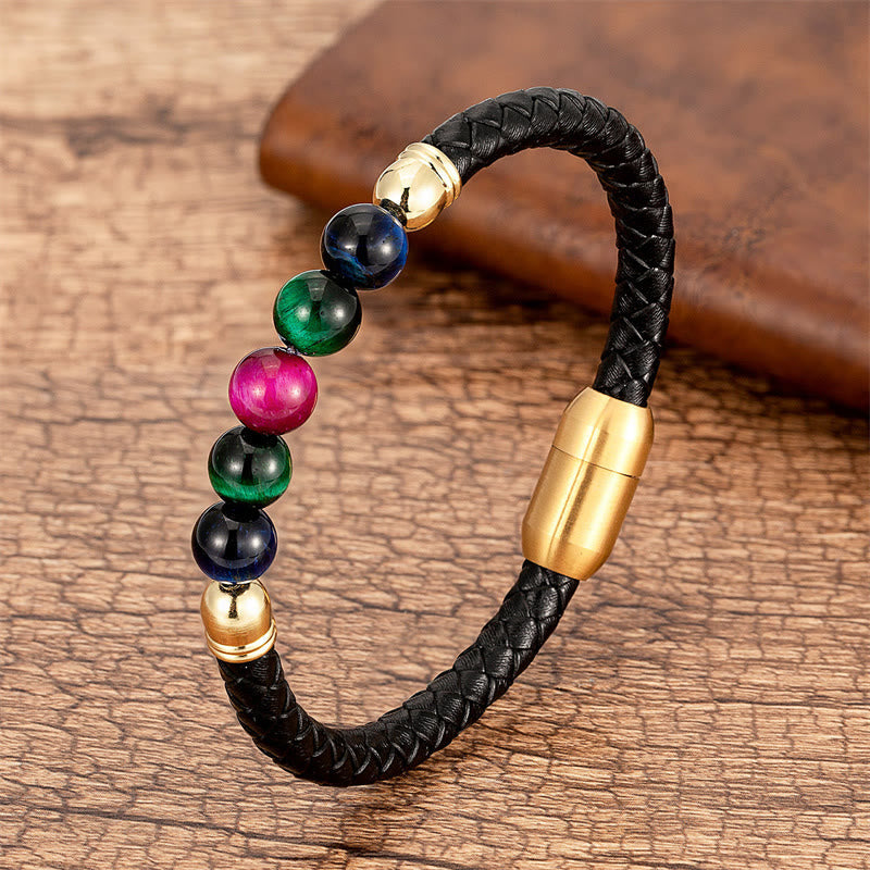 Buddha Stones Blue Agate Tiger Eye Lava Rock Black Onyx Lazurite Bead Protection Leather Bracelet - Touch Bling