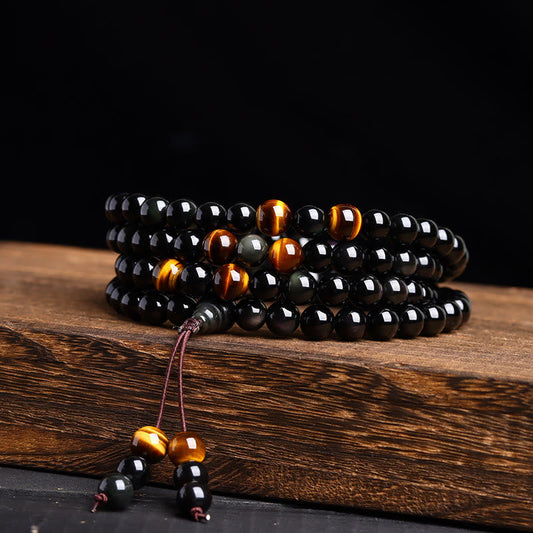 Pulsera de obsidiana negra con 108 cuentas de mala de Buda y obsidiana de hielo 
