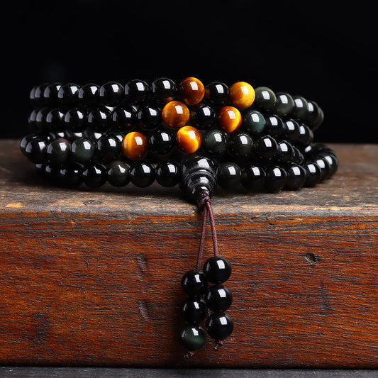 Pulsera de obsidiana negra con 108 cuentas de mala de Buda y obsidiana de hielo 