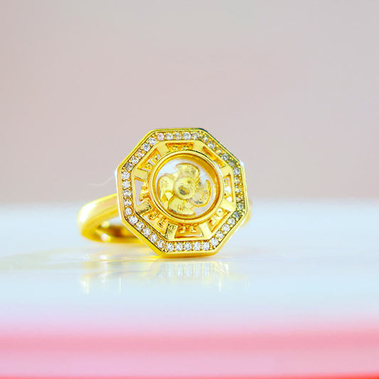 Buddha-Steine, vergoldetes Kupfer, Windmühle, Feng Sheng Shui, Qi, Glück, Reichtum, verstellbarer Ring