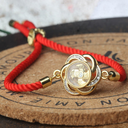 Pulsera trenzada con piedras de Buda giratorias de hilo rojo ciruela, cobre y latón, con protección Qi y Feng Sheng Shui. 