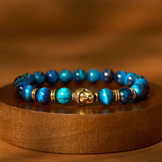 Buddha-Steine, blau, grün, rot, Tigerauge, Buddha-Kopf, Balance-Armband 