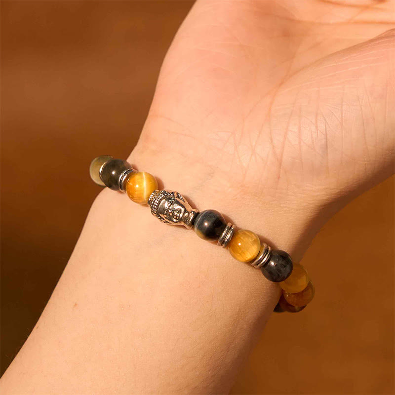 Buddha-Steine, blau, grün, rot, Tigerauge, Buddha-Kopf, Balance-Armband 