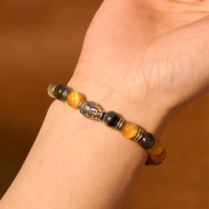 Buddha-Steine, blau, grün, rot, Tigerauge, Buddha-Kopf, Balance-Armband 