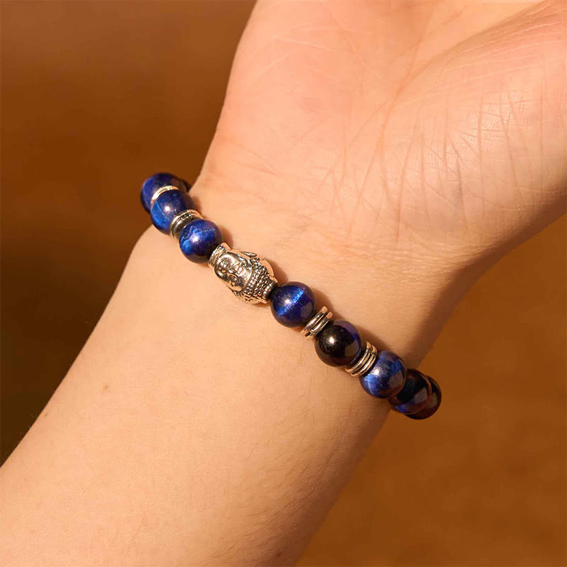 Buddha-Steine, blau, grün, rot, Tigerauge, Buddha-Kopf, Balance-Armband 