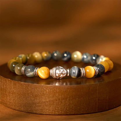 Buddha-Steine, blau, grün, rot, Tigerauge, Buddha-Kopf, Balance-Armband 