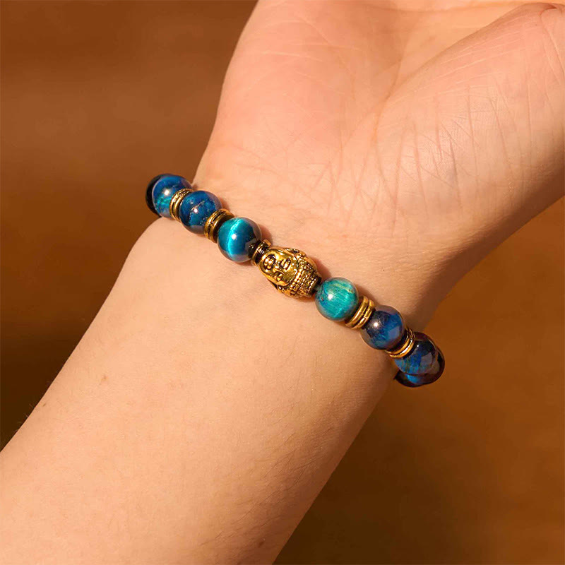 Buddha-Steine, blau, grün, rot, Tigerauge, Buddha-Kopf, Balance-Armband 